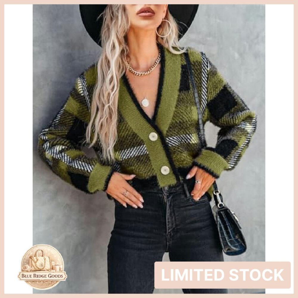 Plaid Fuzzy Knit V-Neck Cardigan Cozy Oversized Chic Fall Pullover - Picture 3 of 8